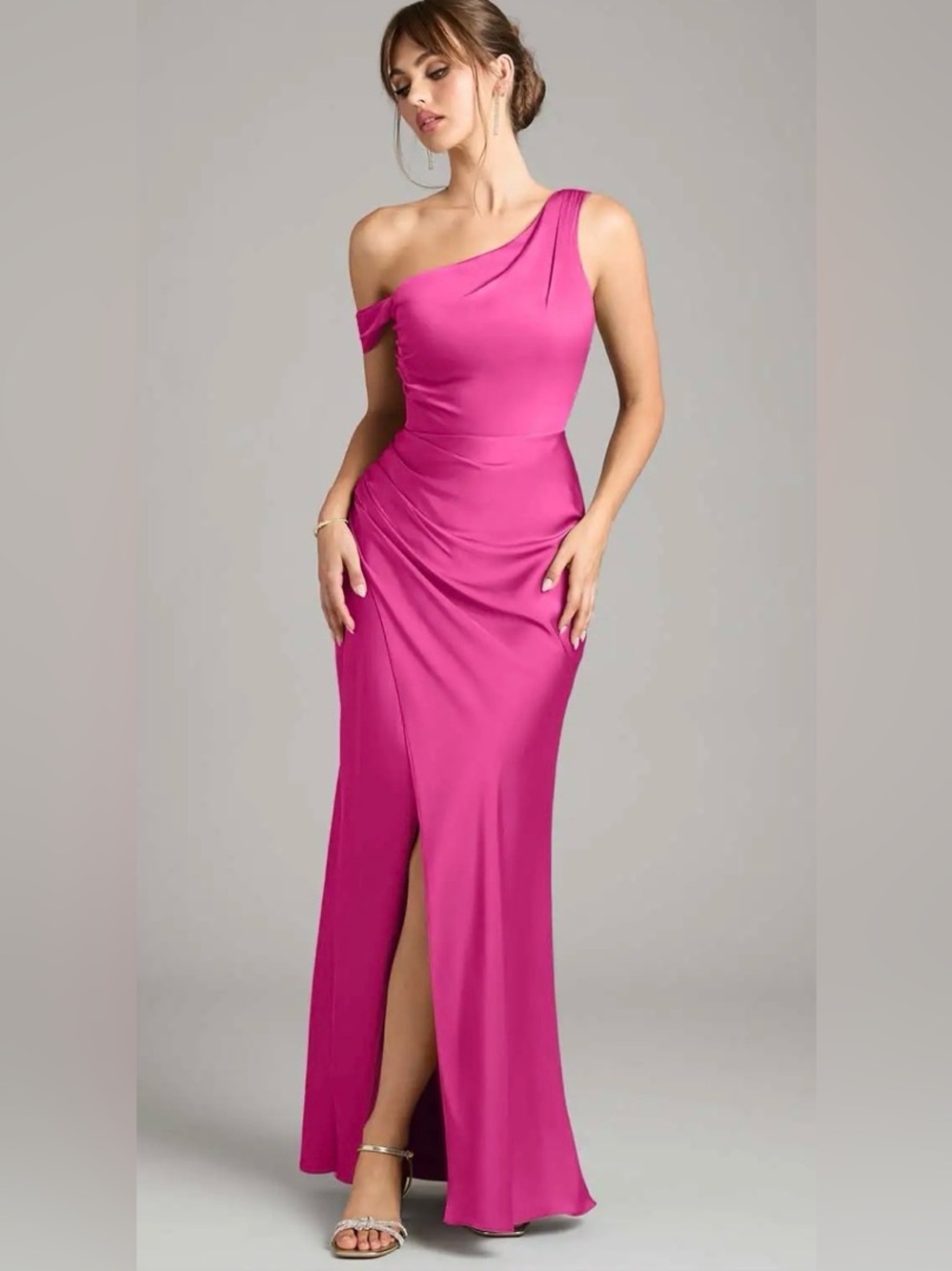 Azazie Madelyn Fuchsia Mermaid One Shoulder Satin Convertible Dress - Fuschia